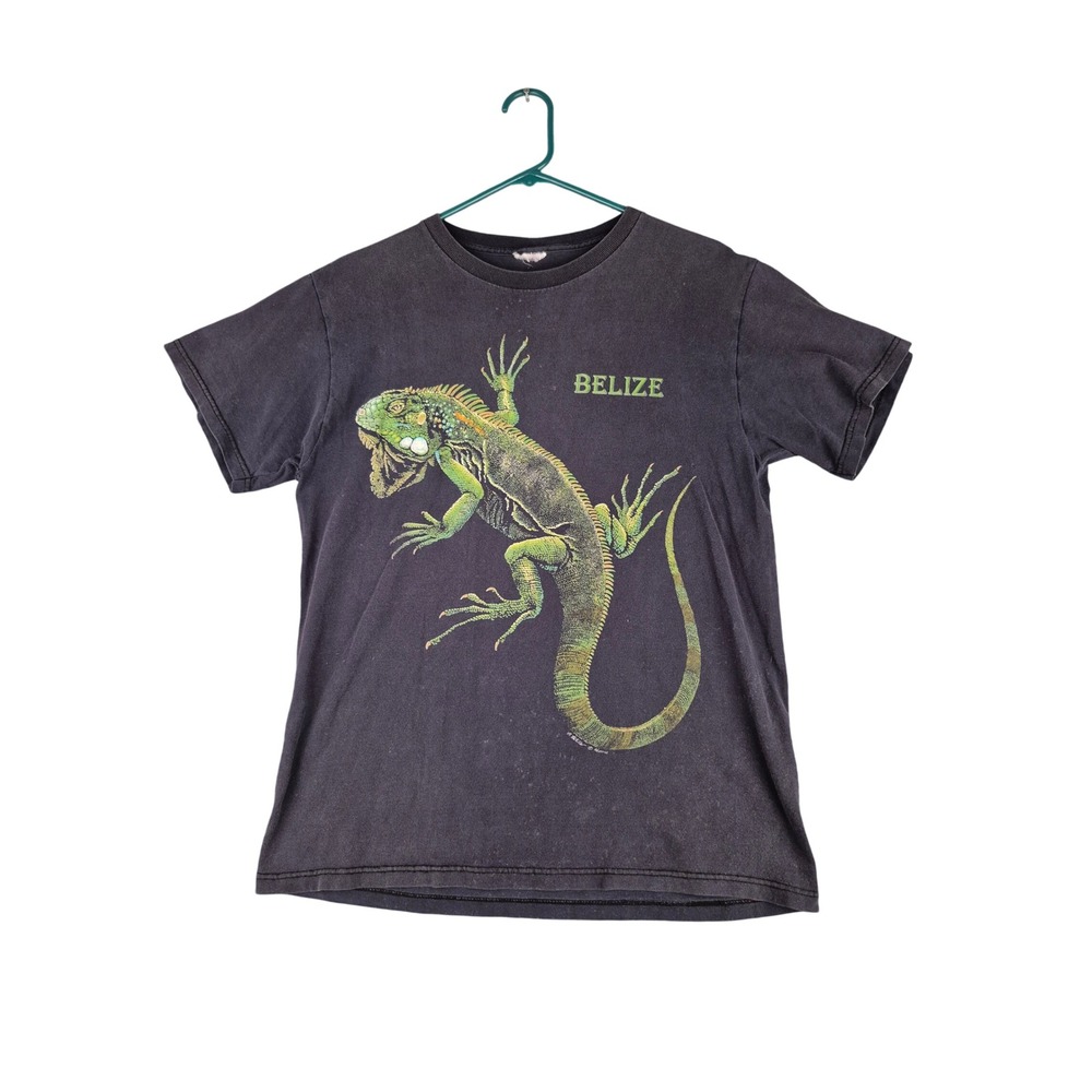 Belize Iguana Graphic Shirt Black Harlequin Nature Graphics Souvenir Mens M VTG